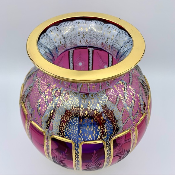 RARE Bohemian Moser Cabochon Vase 10” Cranberry Panel Intaglio, Clear Blue, 24K - Picture 11 of 16